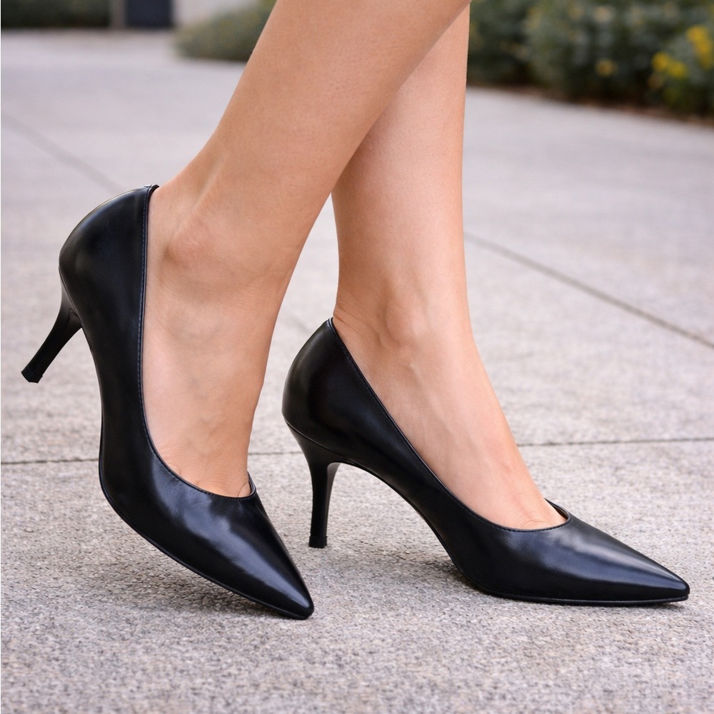 Via Spiga Black Leather Pumps 8.5M Heels Shoes Pointy Toe Kitten